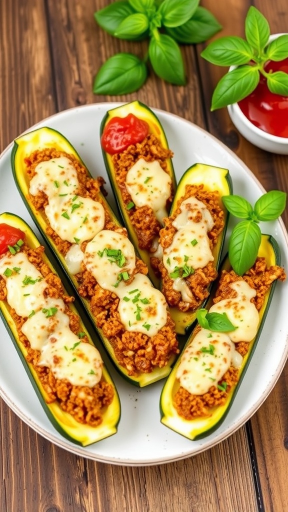 Crispy Air Fryer Zucchini Boats Crispy zucchini boats filled with ground meat and cheese, served on a wooden table with marinara sauce.